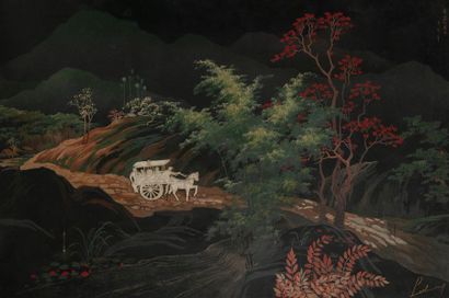 Lê THY (1919-1961) Trn Minh THI dit, Voyageurs dans un paysage de montagne.
Panneau...