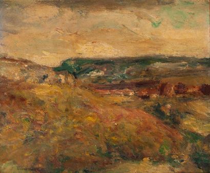 Maurice VAUMOUSSE (1876-1961) Paysage de campagne. 
Huile sur carton. 
Signée en...