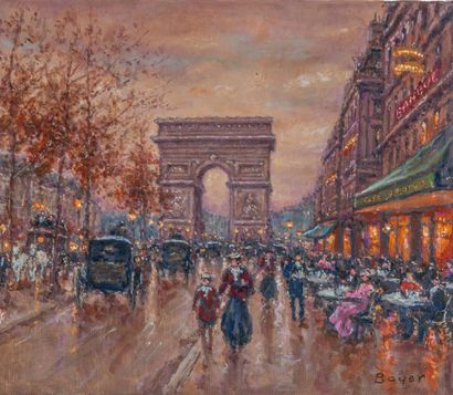 Emile BOYER (1877-1948) Les Champs-Elysées et l'Arc de Triomphe. 
Huile sur toile....