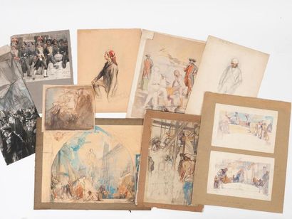 Charles FOUQUERAY (1869-1956) Ensemble de 12 dessins d'études à l'aquarelle ou lavis...