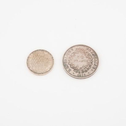France Set of two silver coins: 50 francs 1977 and 100 francs 1983. 
Total net weight:...