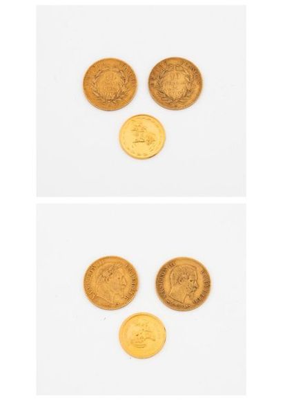 France Two 10 gold franc coins, Napoleon III, 1856 Paris, 1862 Strasbourg. 
Enclosed:...