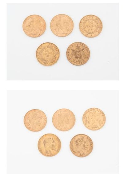 France Lot of 5 coins of 20 gold francs: 
- Napoleon III, 1854 Paris, 1867 Strasbourg....