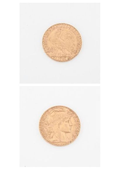 France 20 gold francs coin, Third Republic, 1907. 
Net weight : 6.4 g. 
 Scratches...