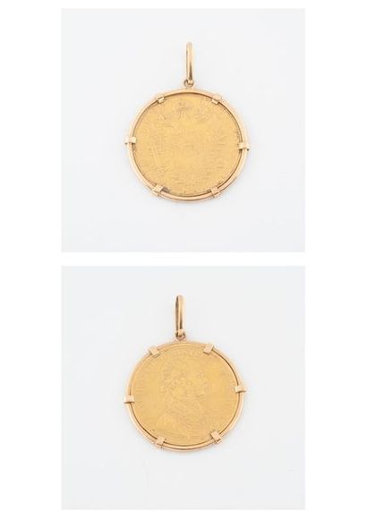 AUTRICHE HONGRIE Yellow gold pendant (750) holding a 4 florins coin, François Joseph...