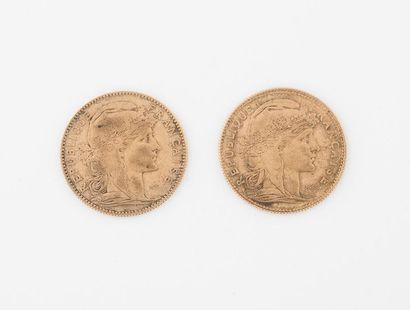 France Two 10 gold francs coins, Third Republic, 1900, 1910.
Total net weight: 6.4...
