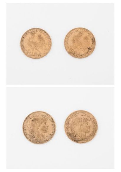 France Two 10 gold francs coins, Third Republic, 1900, 1910.
Total net weight: 6.4...