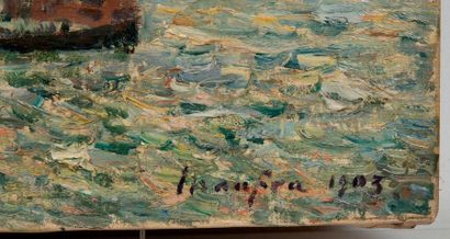 Maxime MAUFRA (1861-1918) 
*Soleil couchant, Baie de Concarneau, 1903.
Oil on canvas.
Signed...