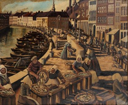Astrid MEYER (XXème siècle) 
*The fish market, 1945.
Oil on canvas.
Signed and dated...