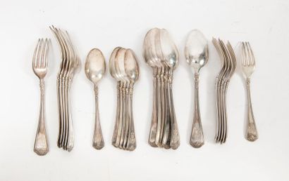 Philippe BERTHIER, Alphonse DEBAIN Six table and six dessert place settings in silver...