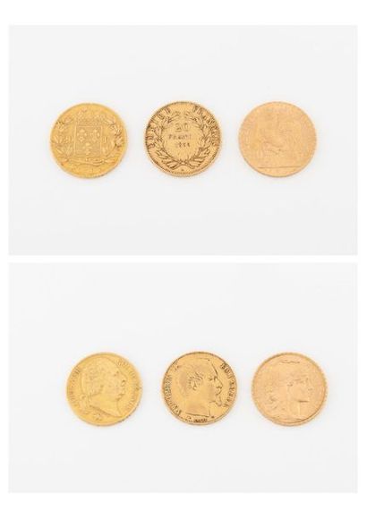 France Lot of three pieces of 20 gold francs: 
- Louis XVIII, 1818 Paris. 
- Napoleon...