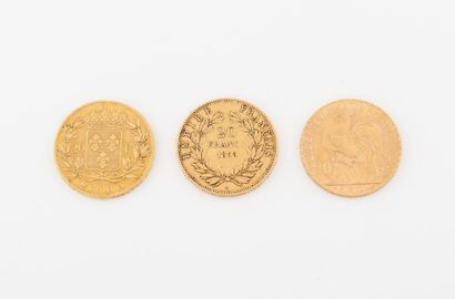 France Lot de trois pièces de 20 francs or : 
- Louis XVIII, 1818 Paris. 
- Napoléon...