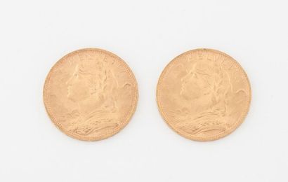 SUISSE Deux pièces de 20 francs or, Helvetia, 1927 x2. 
Poids net total : 12.8 g....