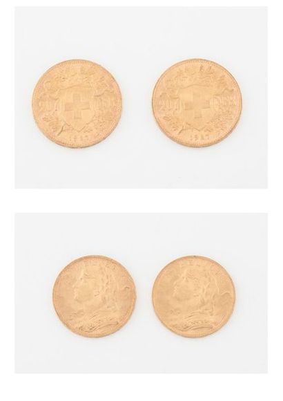 SUISSE Deux pièces de 20 francs or, Helvetia, 1927 x2. 
Poids net total : 12.8 g....