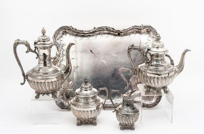 RAVINET DENFERT Service à thé et à café (5 pièces) en métal argenté, de forme balustre,...