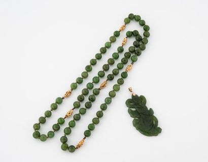 CHINE, XXème siècle Long necklace made of green nephrite pearls alternating with...