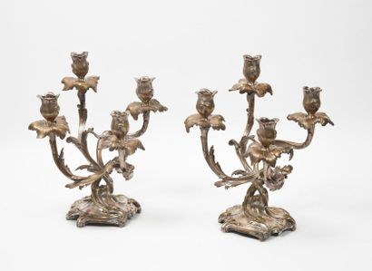 null Pair of candelabra in silverless bronze, with four arms of light and foliage...