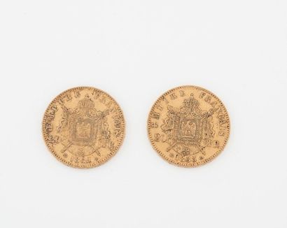 France Deux pièces de 20 francs, Napoléon III, 1869 Strasbourg, 1863 Strasbourg....