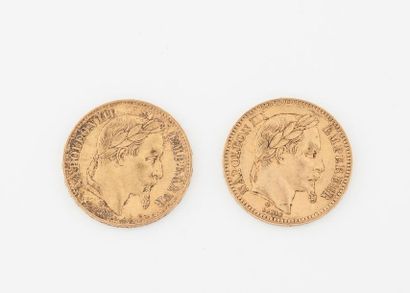 France Deux pièces de 20 francs, Napoléon III, 1869 Strasbourg, 1863 Strasbourg....