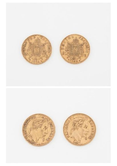 France Deux pièces de 20 francs, Napoléon III, 1869 Strasbourg, 1863 Strasbourg....