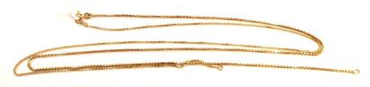null Deux chaînes de cou en or jaune (750) à maille vénitienne. 
Fermoir anneau ressort....