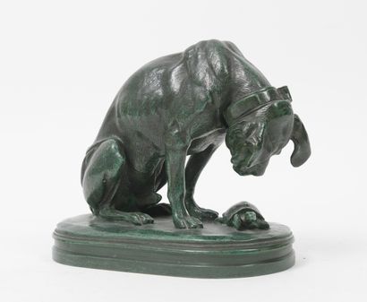 D'après Alfred JACQUEMART (1824-1896) Doggy watching a turtle.

Bronze print with...