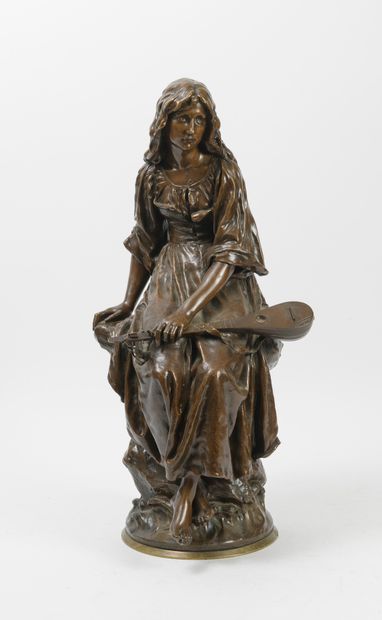 D'après Paul Eugène MENGIN (1853-1937) Mandolin lady. 

Bronze print with brown patina....