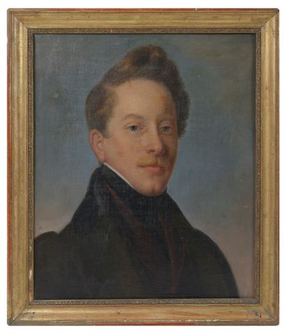 Ecole du XIXème siècle Portrait de jeune homme blond en redingote noire. 

Huile...