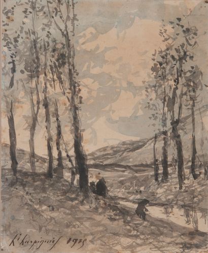 Henri-Joseph HARPIGNIES (1819-1916) Walkers by the creek.

Indian ink and watercolour.

Signed...