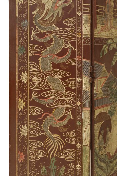 CHINE, XIXÈME SIÈCLE Small screen with eight leaves, in Coromandel lacquer with a...