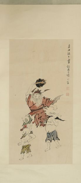 CHINE, XXème siècle Lot de trois encres sur soie montées en kakemono.

- Paysage...
