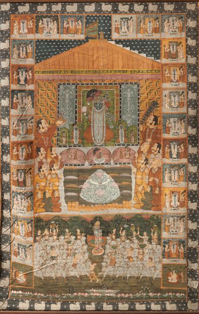 INDE, fin du XIXème ou début du XXème siècle Worship of a deity in a temple, above,...