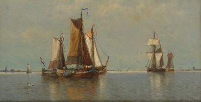 Auguste Henri MUSIN (1852-1923) Voilier et barques de pêcheurs sur le Moerdyk, en...