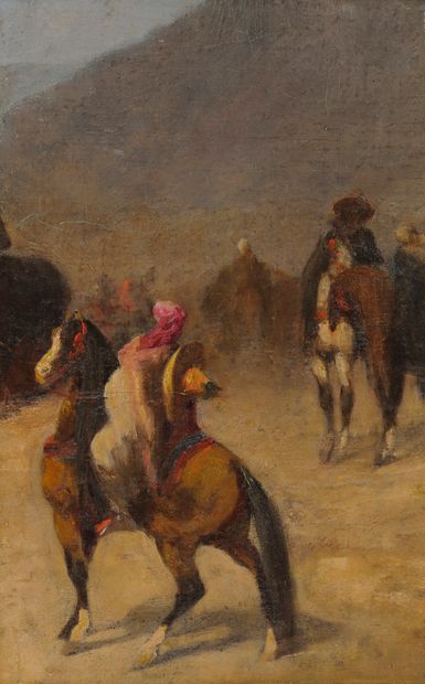 Ecole orientaliste d'après Eugène FROMENTIN (1820-1876) Cavaliers. 

Huile sur panneau....