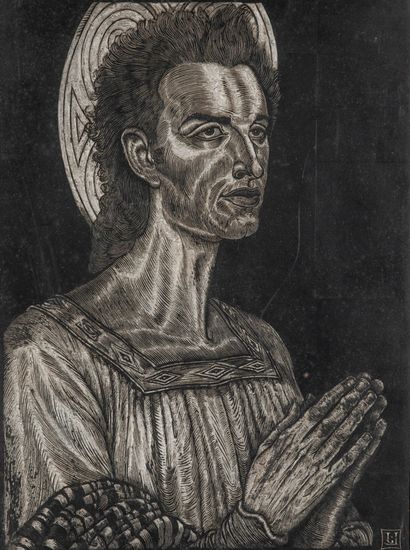 Ecole du début du XXème siècle Saint in prayer.

Black stone (slate?) engraved and...