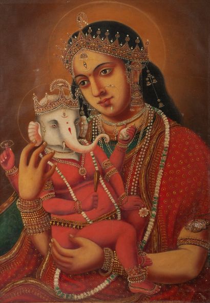 INDE, fin du XIXème ou début du XXème siècle - Portrait of Parvati holding Ganesh...