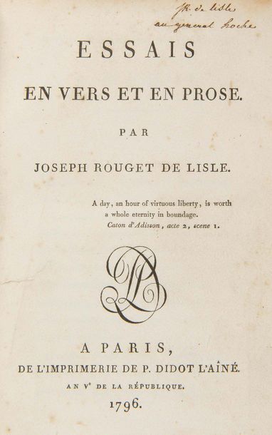 ROUGET DE LISLE Claude-Joseph 
Essays in verse and prose. Paris, P. Didot l'aîné,...