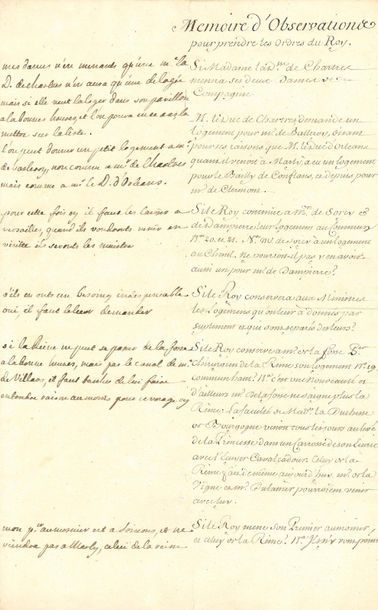 LOUIS XV (1710-1774) Roi de France. 
NOTES AUTOGRAPHES en marge d’un Memoire d’observations...
