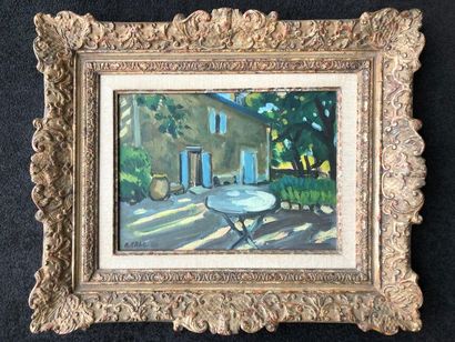 Auguste CHABAUD (1882-1955) Terrasse en Provence.
Huile sur carton.
Signée en bas...