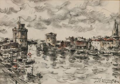 Jean RIGAUD (1912-1999) Le port de La Rochelle. 
Fusain et Aquarelle sur papier....