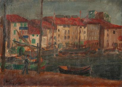 Marcelle FRASS ROUTIER (1915-2001) Southern port animated by a sailor.
Oil on canvas.
Signed...