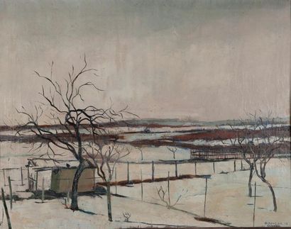 Marcelle FRASS ROUTIER (1915-2001) Paysage d'hiver à Cernay, 1948.
Huile sur toile.
Signée,...