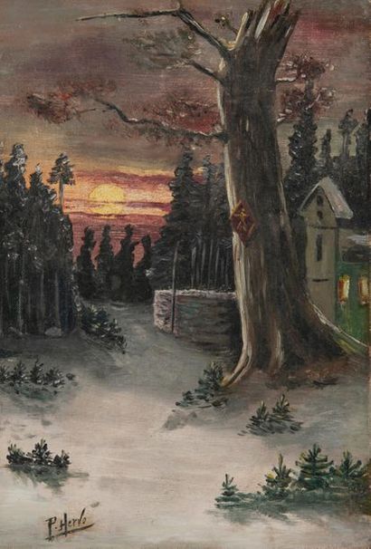 P. HERVO (XXème siècle) Soleil couchant sur paysage de neige.
Huile sur toile.
Signée...