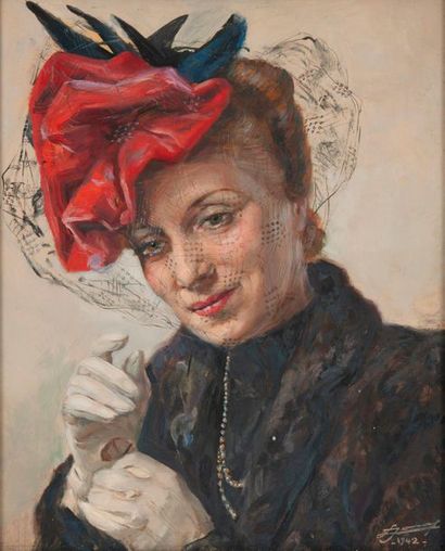 Lucien Hector JONAS (1880-1947) Portrait de femme à la voilette, 1942.
Gouache sur...