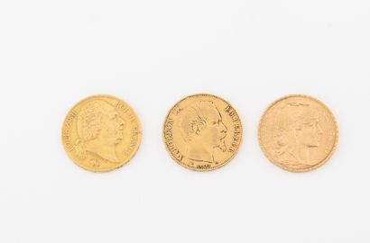 France Lot de trois pièces de 20 francs or : 

- Louis XVIII, 1818 Paris. 

- Napoléon...