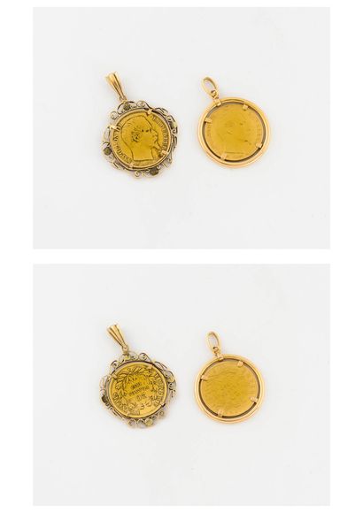 France Lot de deux pendentifs en or jaune (750) retenant deux pièces de 20 francs...