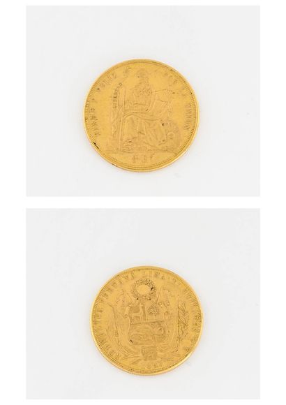 PÉROU Pièce de 8 escudos or, 1863. 

Poids net : 27 g. 

Rayures, usures.