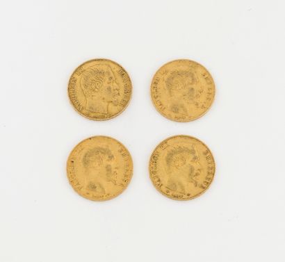 France 4 pièces de 20 francs or, Napoléon III tête nue, Paris 1854 et1859 (x2). 

Poids...