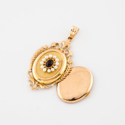 null Yellow gold (750) photo pendant, decorated with foliage and branches, centred...