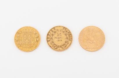 France Lot de trois pièces de 20 francs or : 

- Louis XVIII, 1818 Paris. 

- Napoléon...